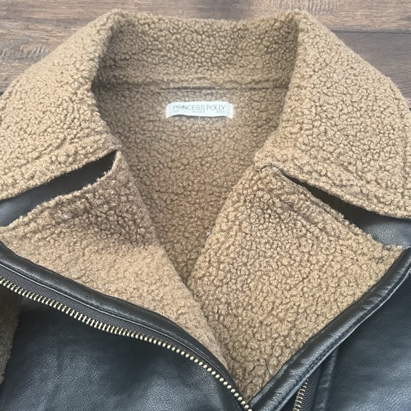 Princess Polly Size 4 Faux Leather Shearling Crop Jacket Black Edgy Moto Sherpa - Picture 10 of 13